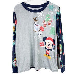 Disney 100 Soft Christmas Pajama Top Raglan Shirt Mickey Mouse Olaf Size XL EUC
